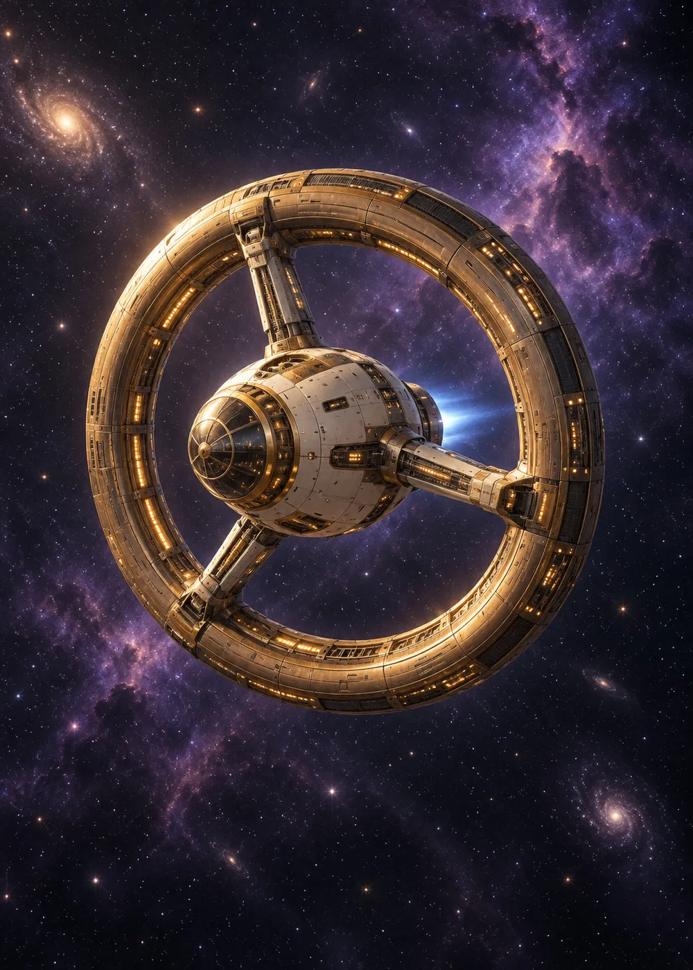 Golden ring-drive spaceship with a central ivory capsule in violet space