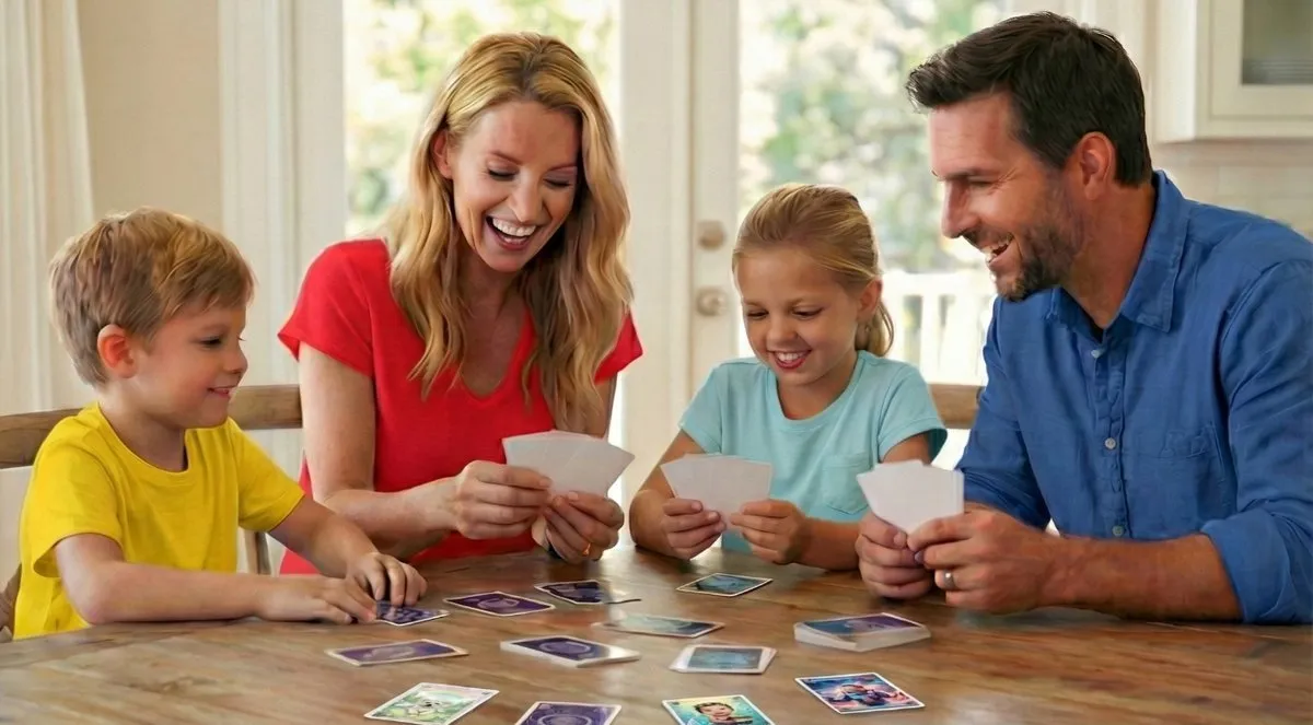 Family playing a personalized photo matching game with someone living with dementia