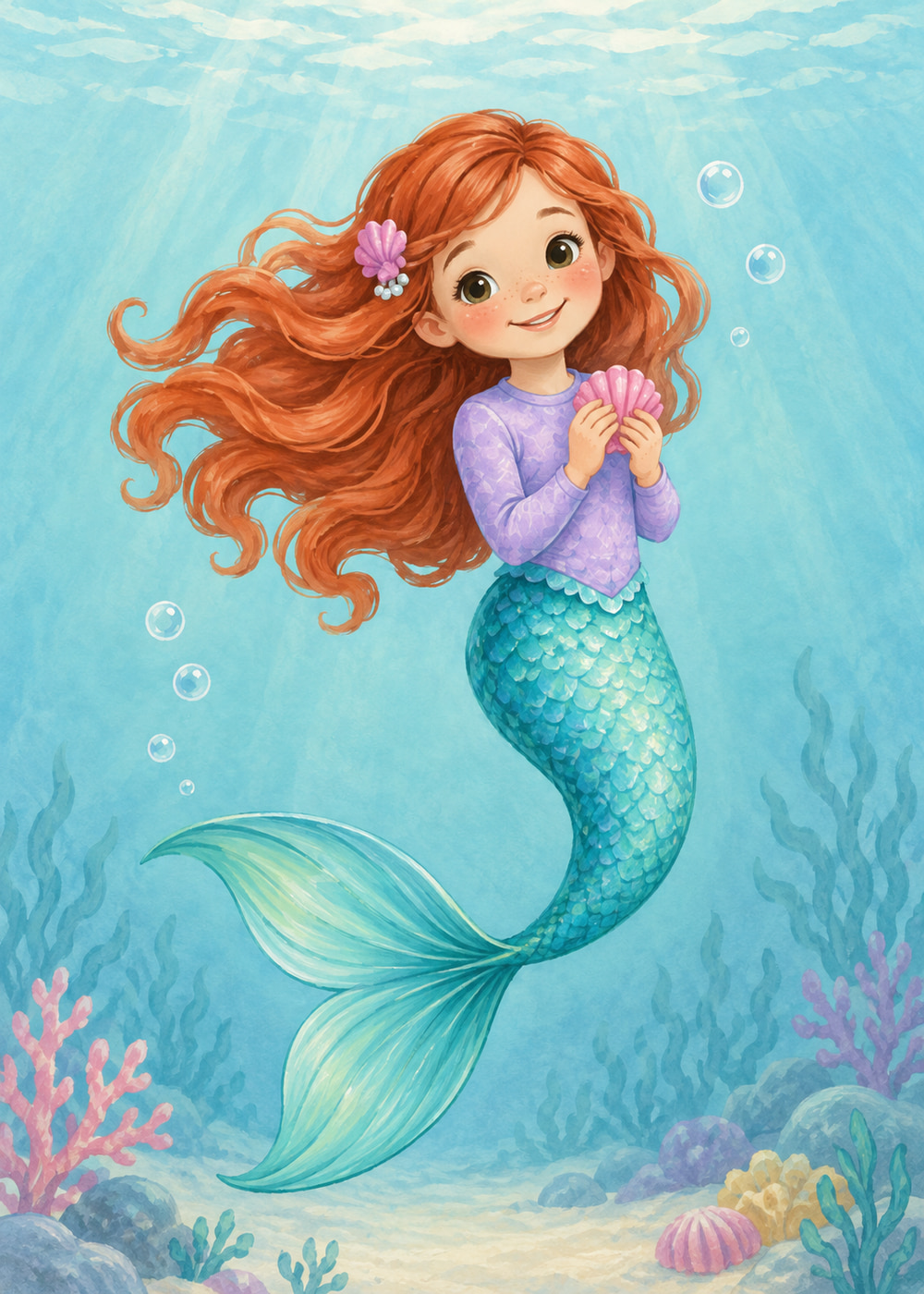 Red-haired mermaid with a turquoise tail holding a seashell