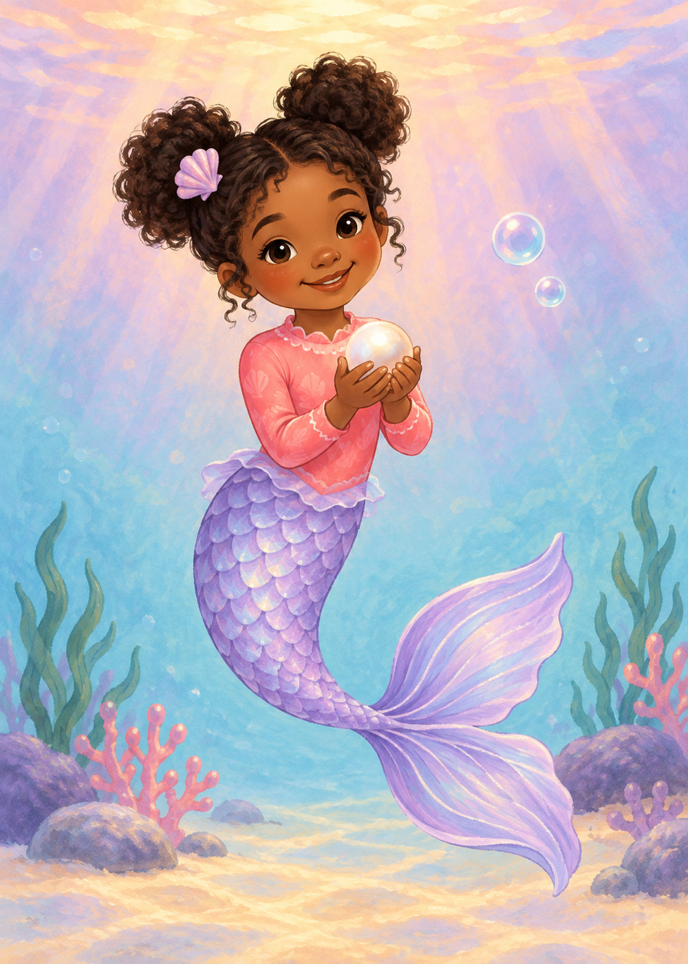 Curly-haired mermaid with a lavender tail holding a pearl
