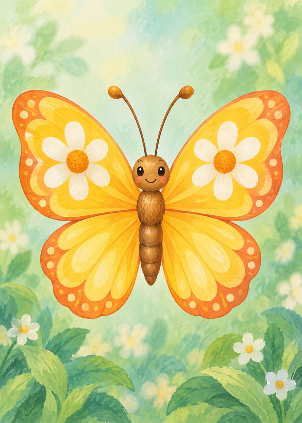 Golden yellow butterfly with white daisy-patterned wings