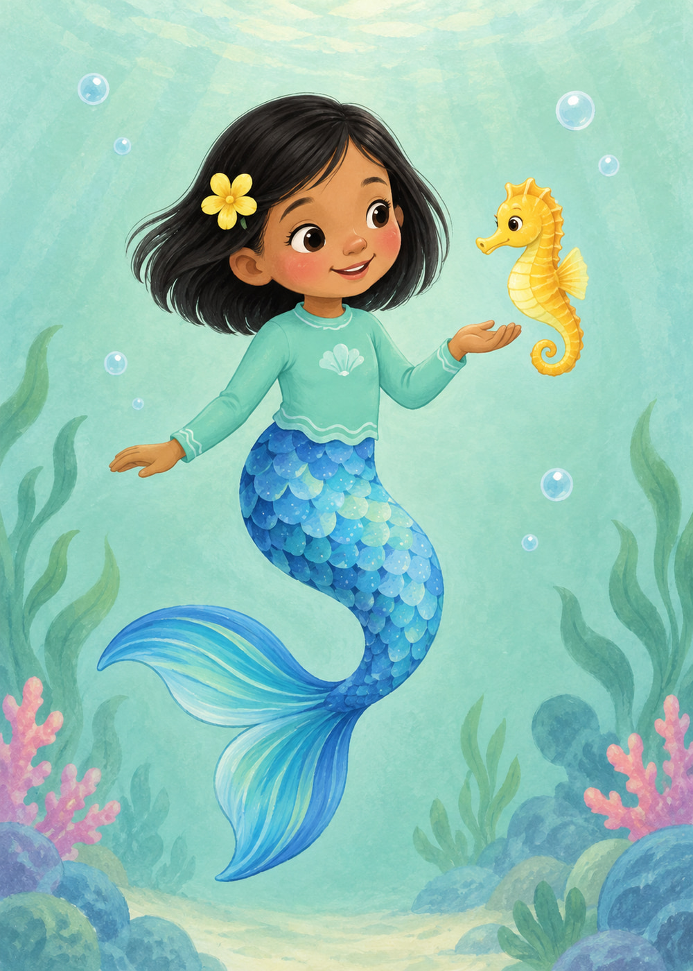 Black-haired mermaid with a blue tail greeting a seahorse