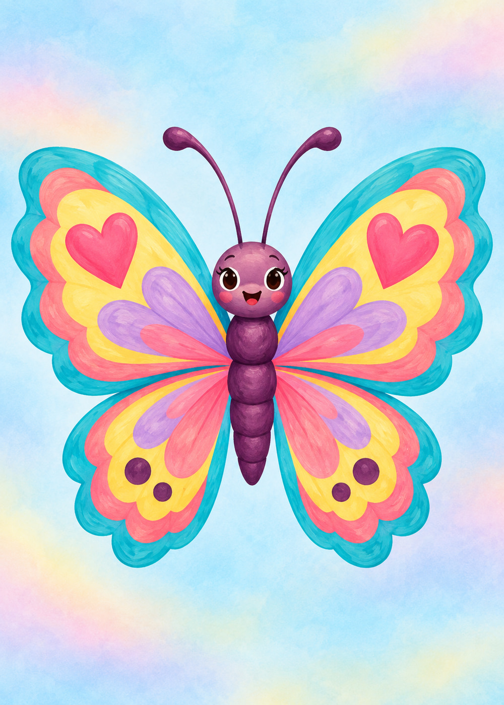 Rainbow butterfly with heart-patterned wings