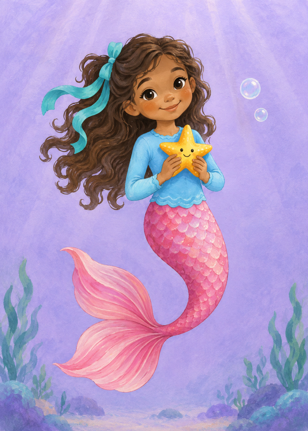 Brown-haired mermaid with a pink tail holding a starfish