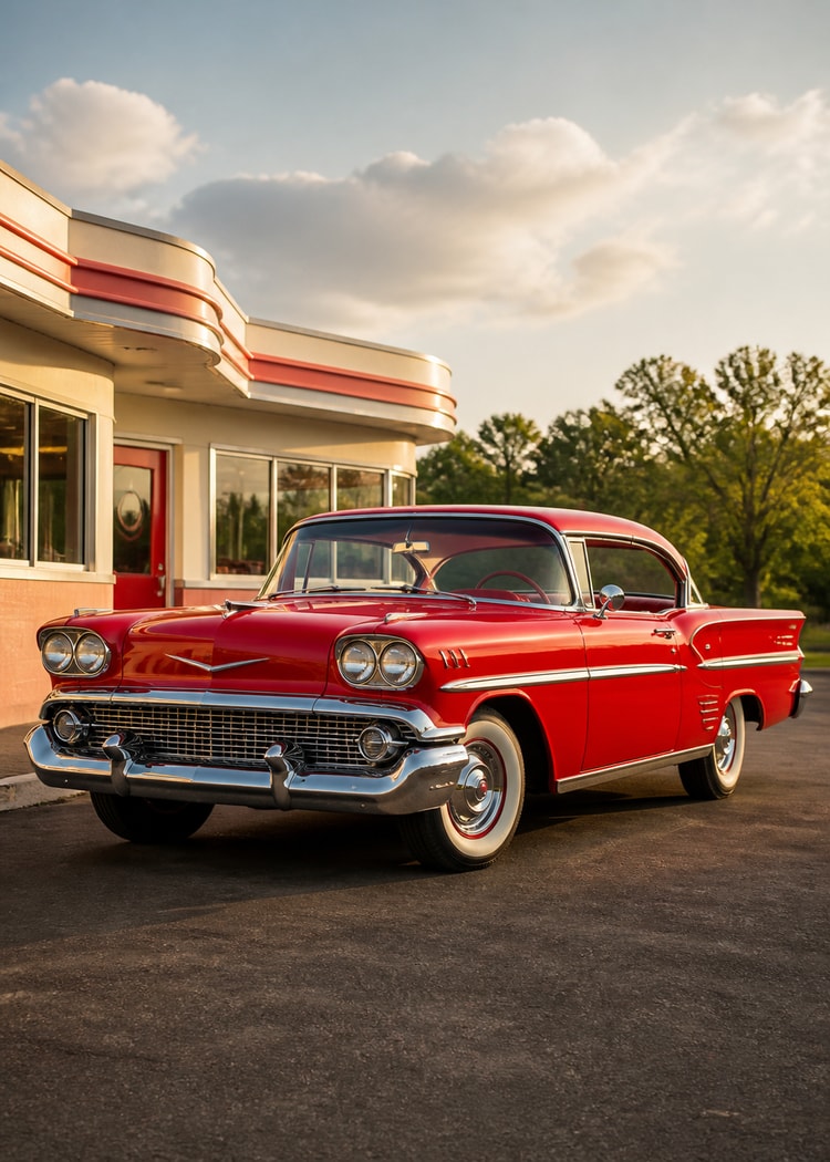 Red 1950s tailfin coupe