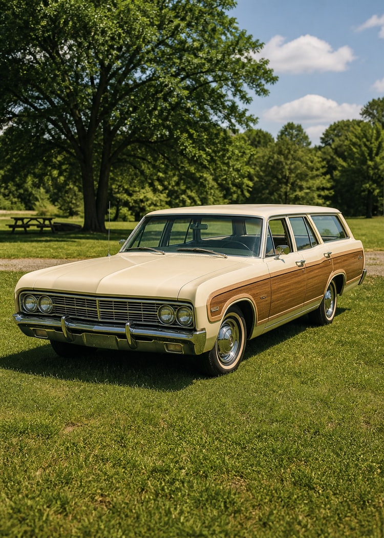 Cream wood-paneled station wagon