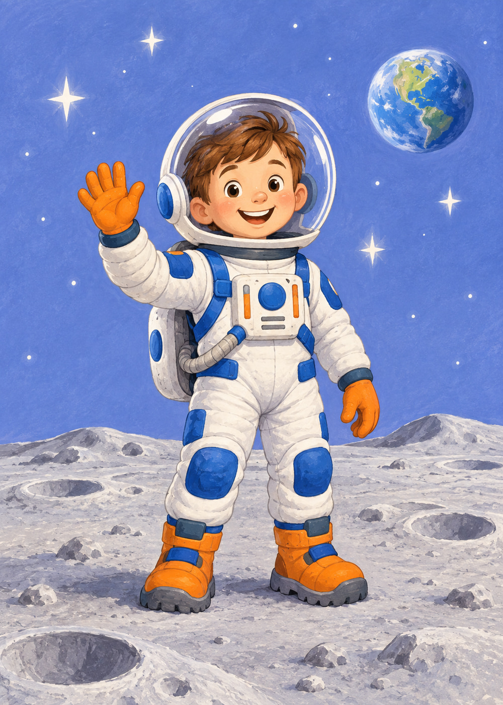 Smiling spaceman in a white and blue suit waving on the moon