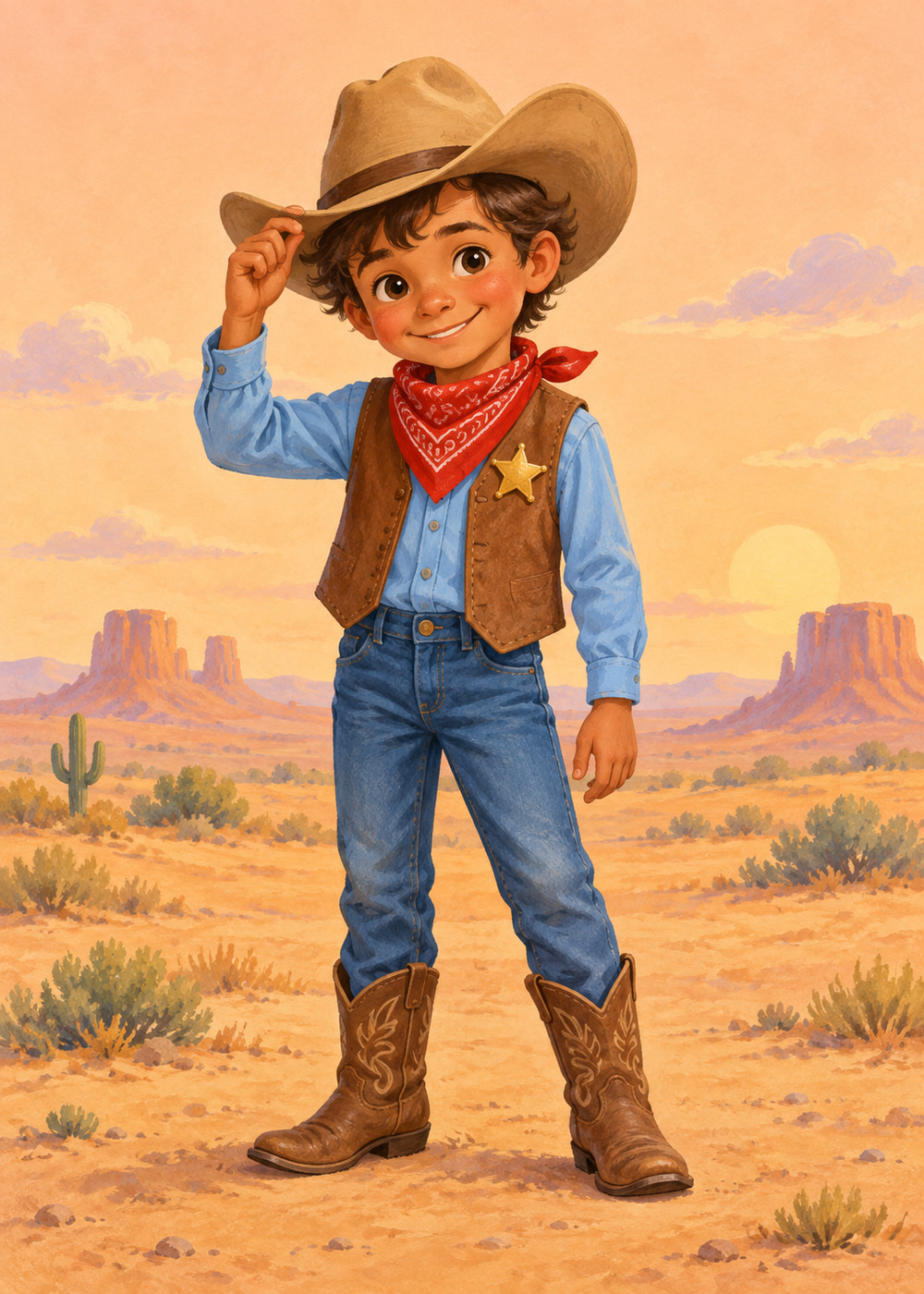 Cowboy in a tan hat and red bandana tipping his hat