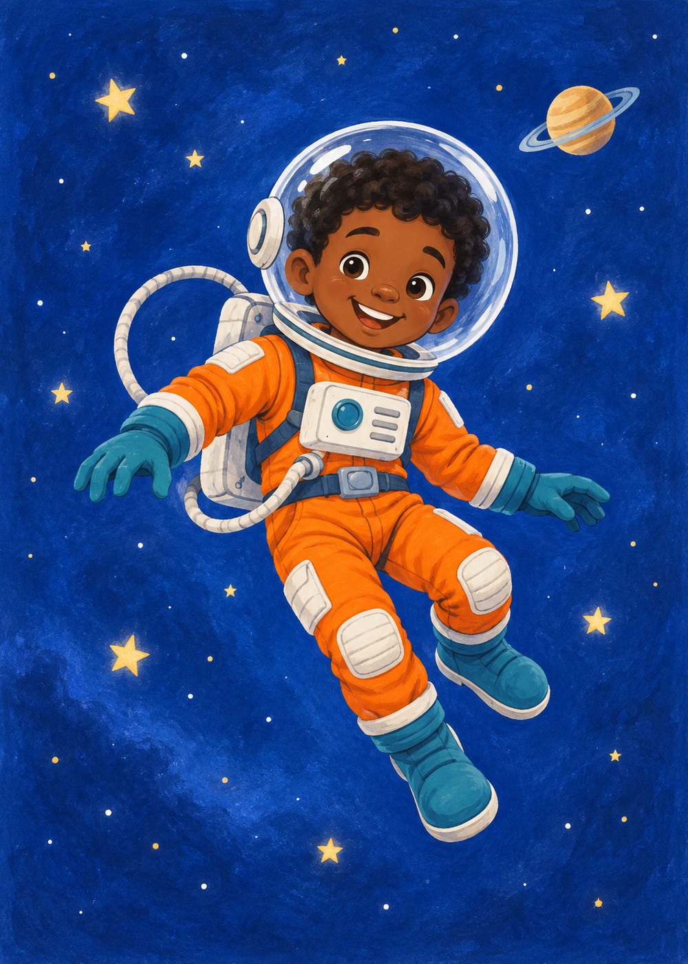 Spaceman in an orange suit floating among stars