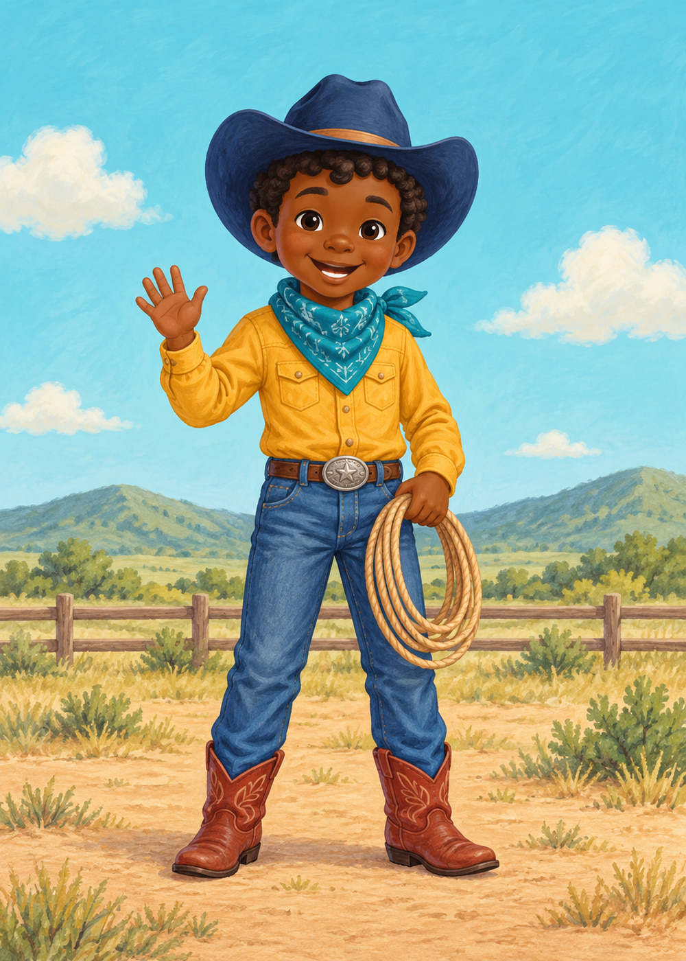 Cowboy in a navy hat and yellow shirt holding a coiled ranch rope