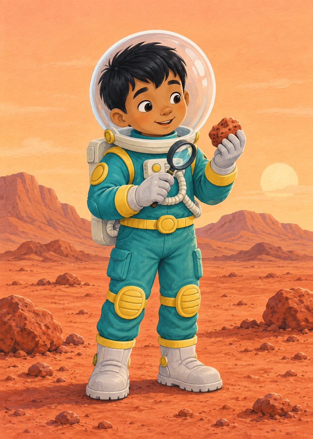Spaceman in a teal suit studying a small rock on Mars