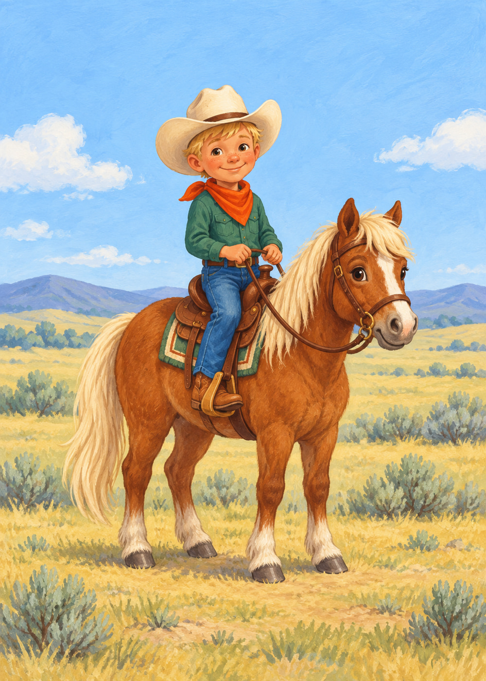 Cowboy in a green shirt riding a friendly chestnut pony