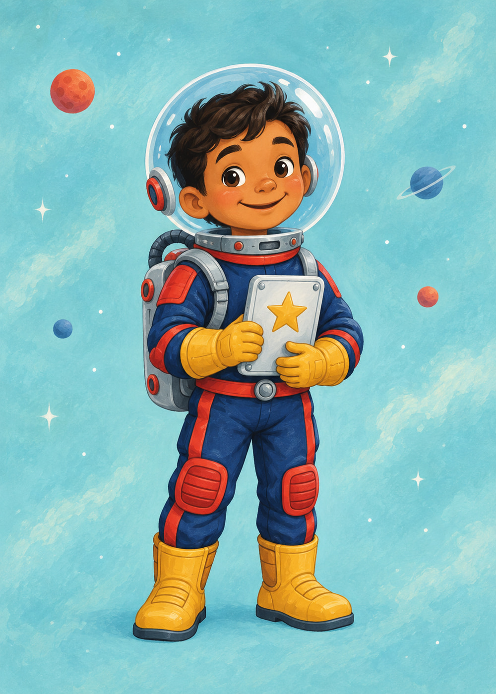 Spaceman in a navy suit holding a small star navigation tablet