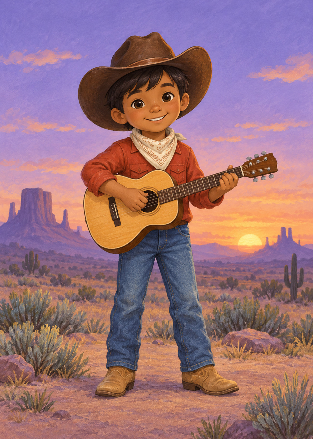 Cowboy in a rust-red shirt playing a small acoustic guitar