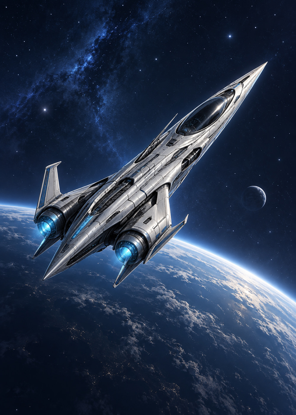 Silver needle-shaped exploration spaceship with cyan engines above a blue planet
