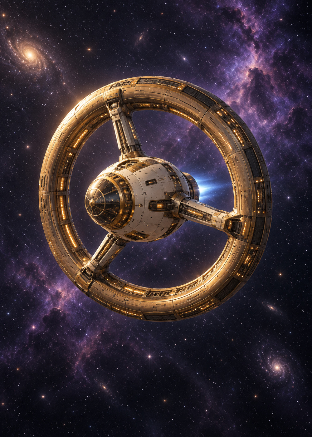 Golden ring-drive spaceship with a central ivory capsule in violet space