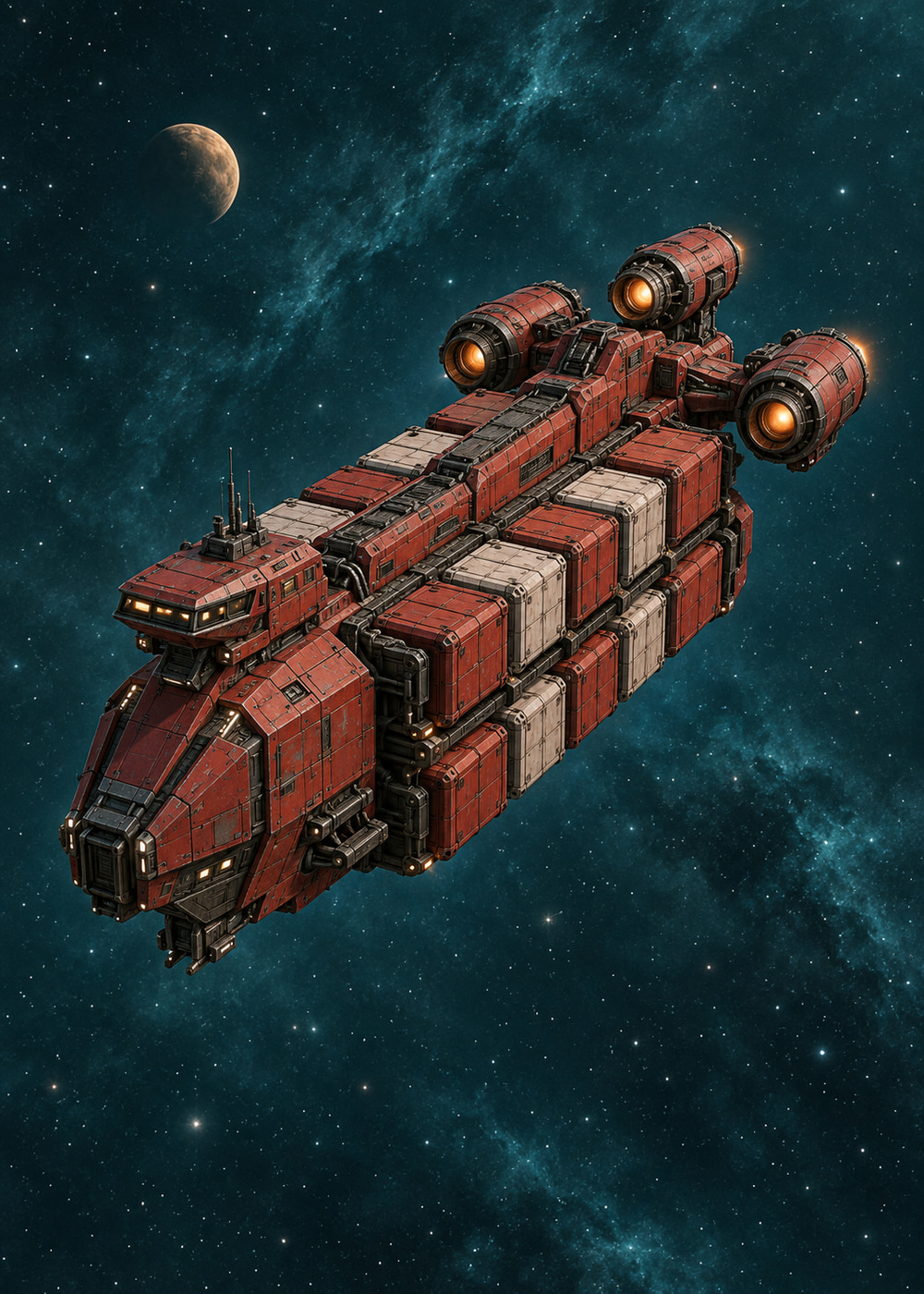 Crimson industrial cargo spaceship carrying modular containers with orange thrusters