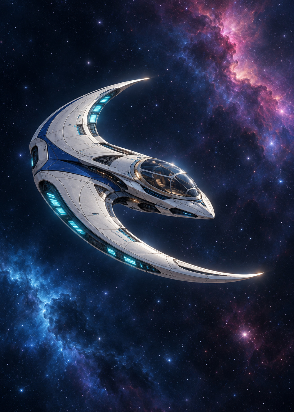 Crescent-shaped blue and white starship with turquoise engine lights