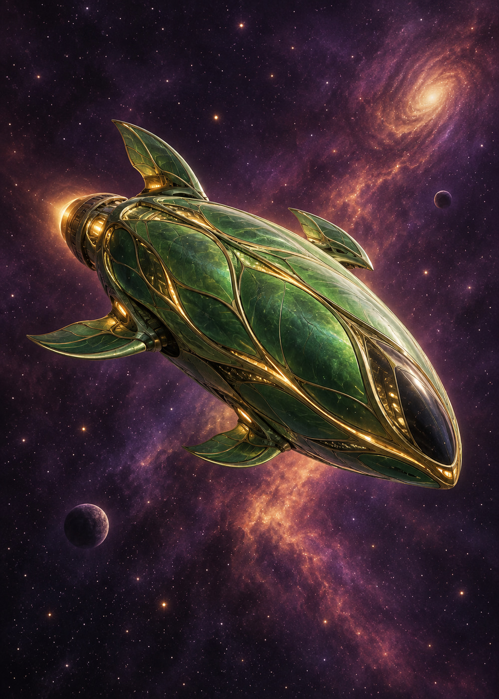 Emerald organic spaceship with leaf-like fins and glowing gold veins