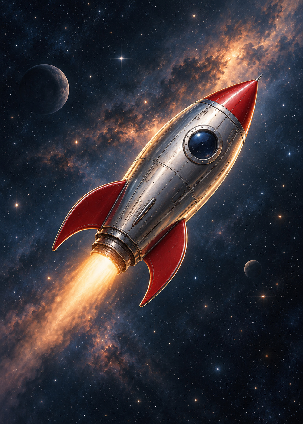 Retro silver and red rocket with three fins and a warm amber engine plume