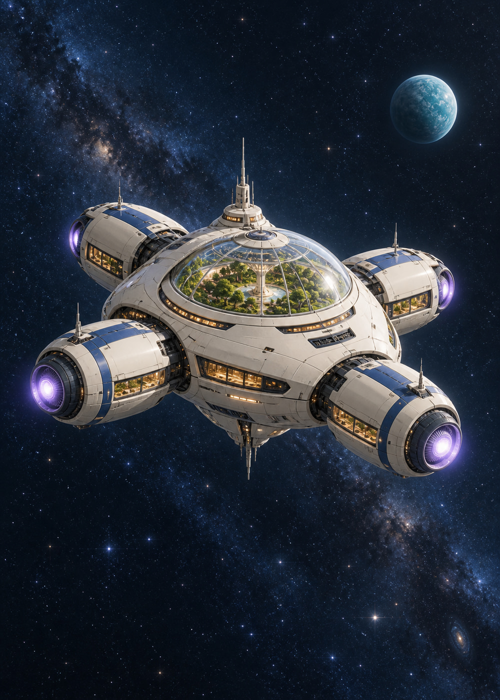 Ivory deep-space habitat spaceship with a green garden dome and violet engines