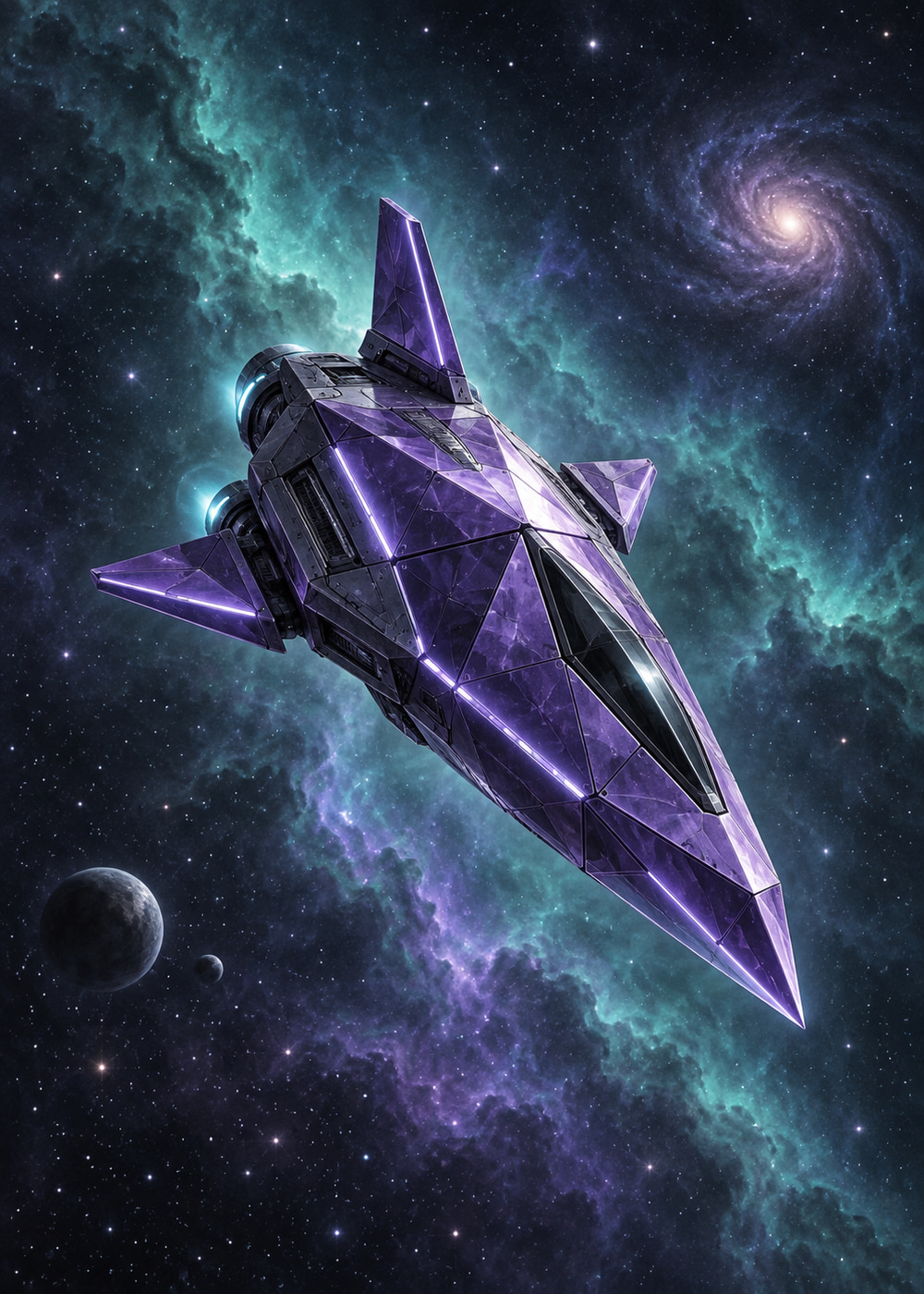 Faceted amethyst scout spaceship with three angular fins and cyan lights
